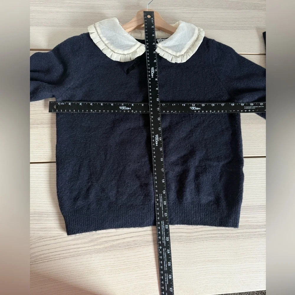 ZARA Navy Blue Rhinestone Trim Peter Pan Pointelle Collar Knit Sweater size M
